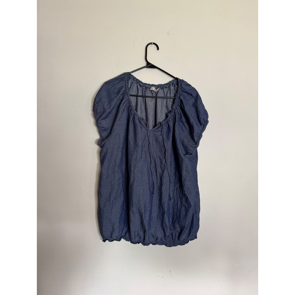 Old Navy Womens XXL Blue Chambray Peasant Blouse Short Puff Sleeve Ruffle Neck
